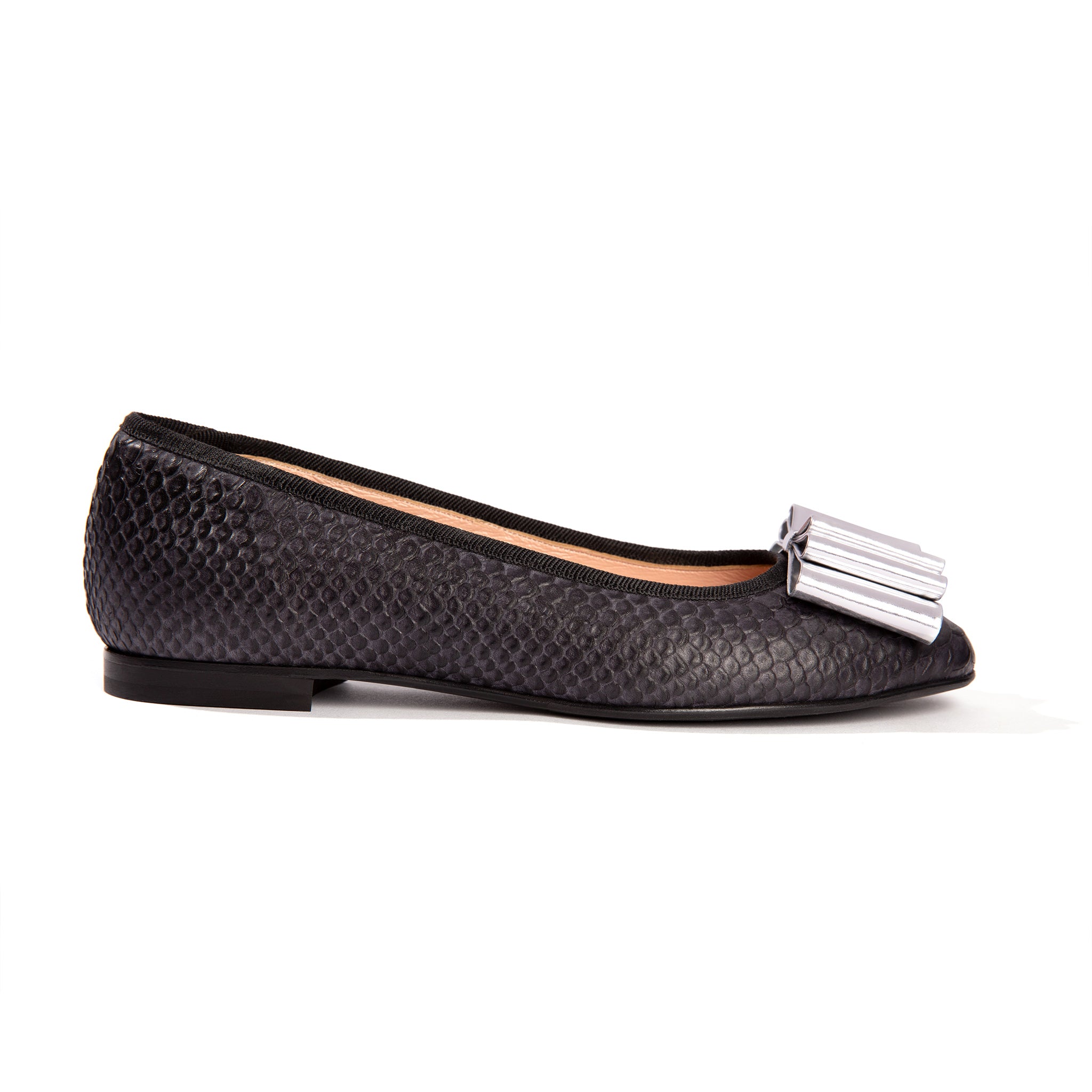 Black leather snake pattern ballet flats with silver bow