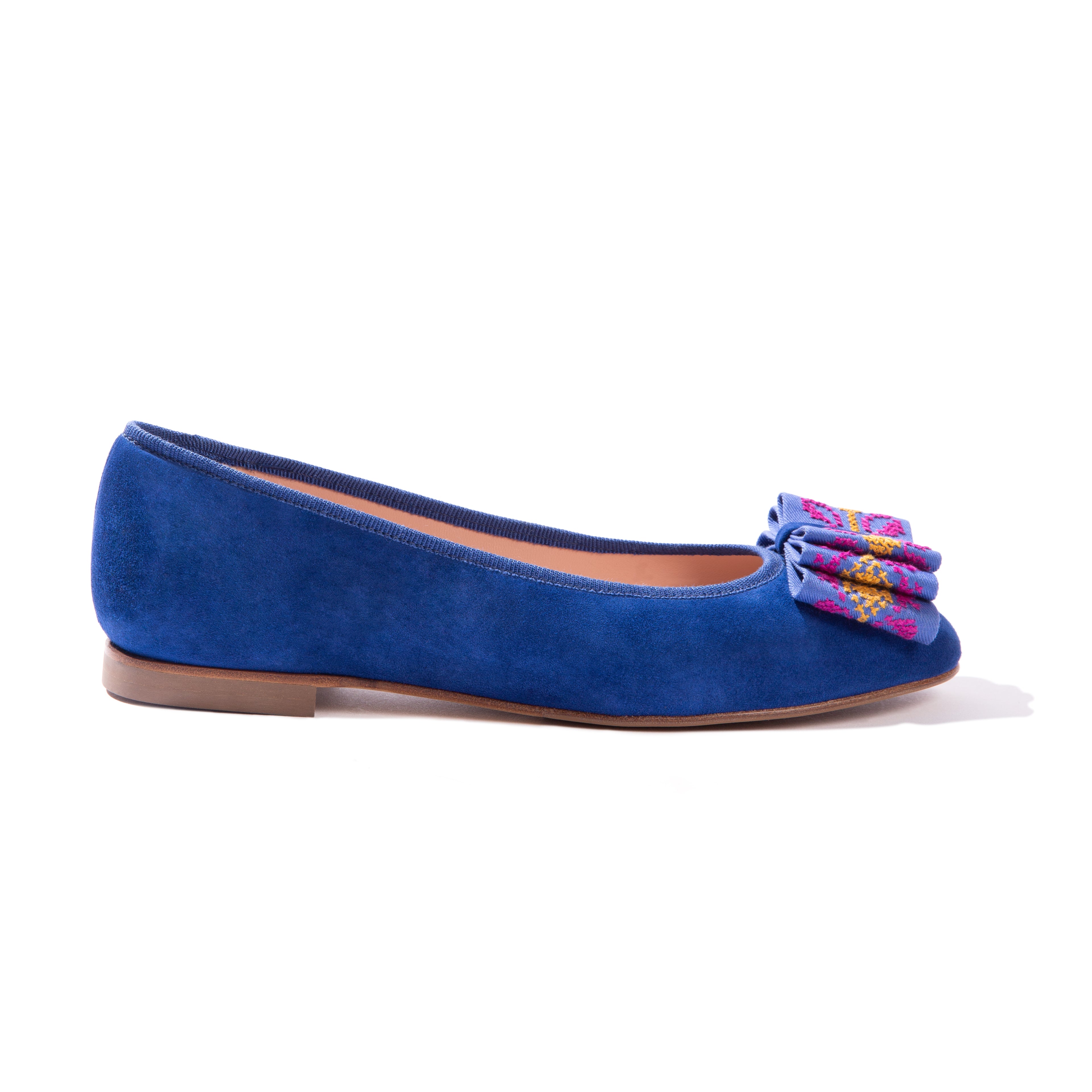 Blue suede ballet flats with hand-embroidered bow